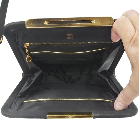 Vintage 1960s Crown Lewis Black Rayon Trapezoid Handbag Purse - Picture 8 of 9